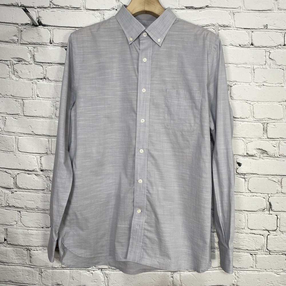 Hickey Freeman Men Button Front Shirt Size L Gray Space Dyed Long Sleeve Spandex